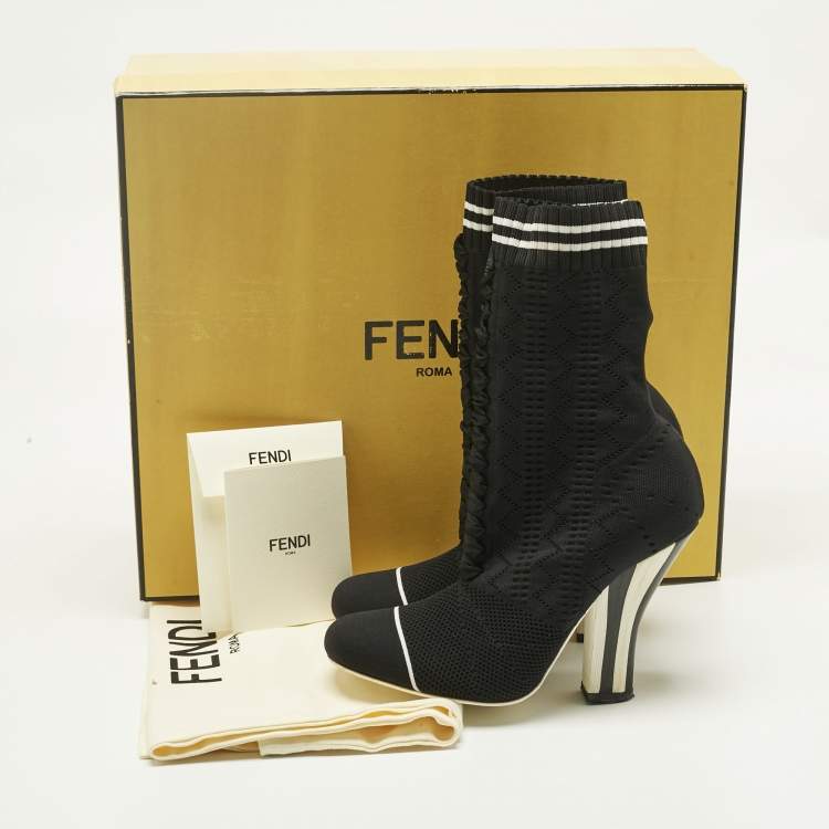 Pre Owned Fendi Black Knit Fabric Rockoko Ankle Length Boots Size 37