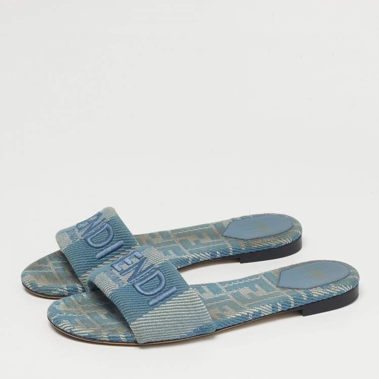 Pre Owned Fendi Blue Canvas Sunshine Flat Slide Size 40