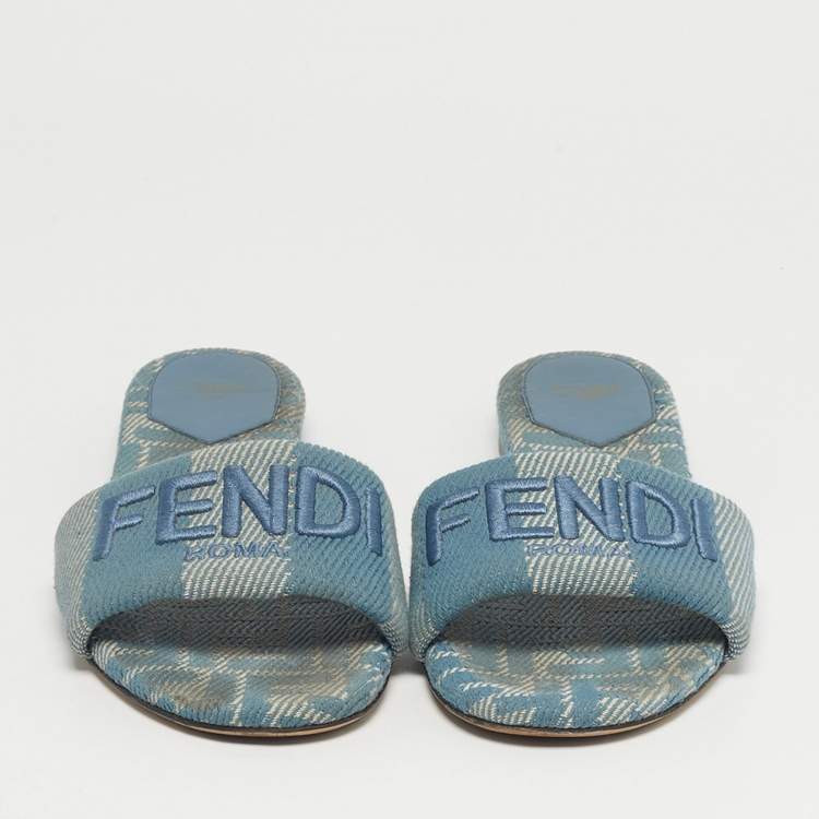 Pre Owned Fendi Blue Canvas Sunshine Flat Slide Size 40