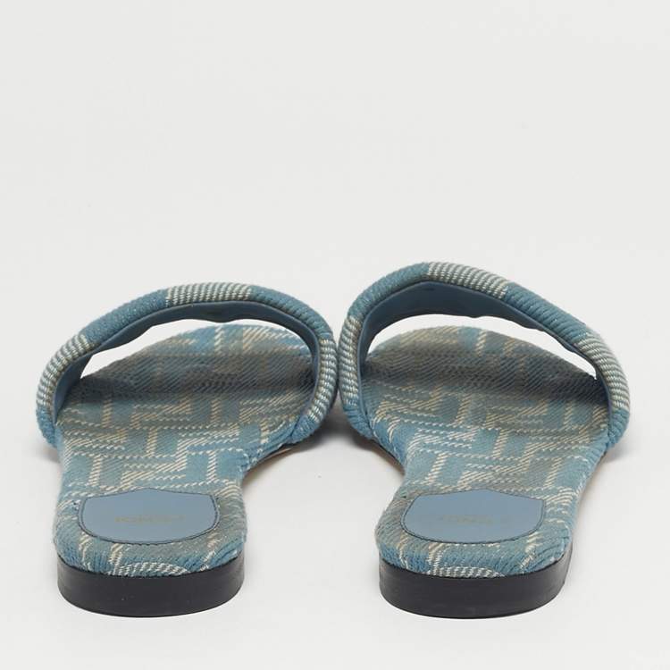 Pre Owned Fendi Blue Canvas Sunshine Flat Slide Size 40