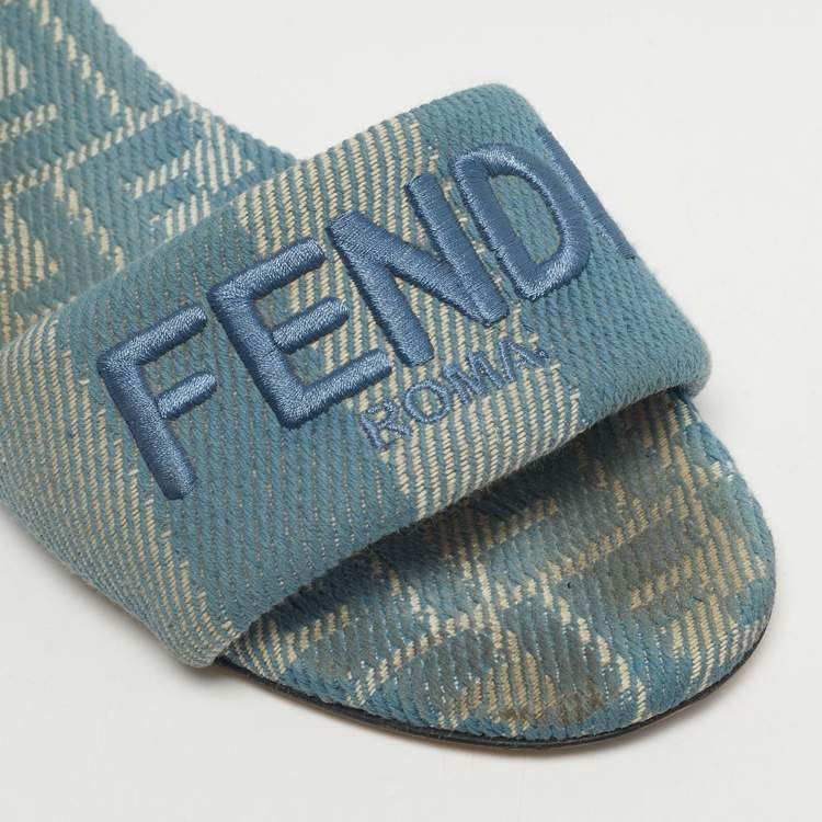 Pre Owned Fendi Blue Canvas Sunshine Flat Slide Size 40