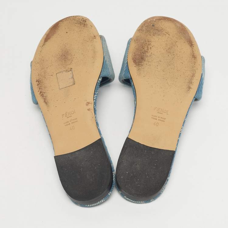 Pre Owned Fendi Blue Canvas Sunshine Flat Slide Size 40