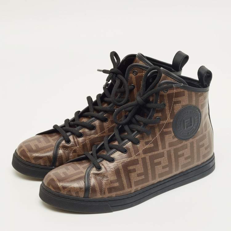 Pre Owned Fendi Brown Zucca Coated Canvas Lace up High Top Sneakers Size 39