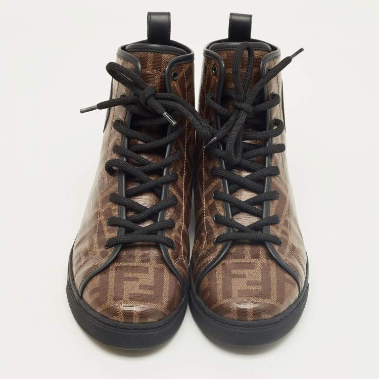 Pre Owned Fendi Brown Zucca Coated Canvas Lace up High Top Sneakers Size 39