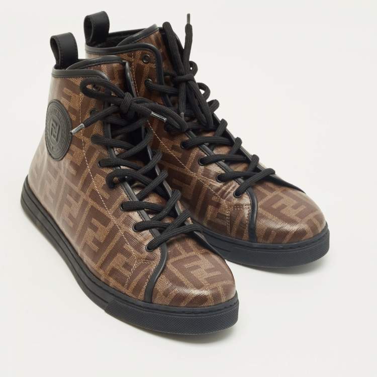 Pre Owned Fendi Brown Zucca Coated Canvas Lace up High Top Sneakers Size 39