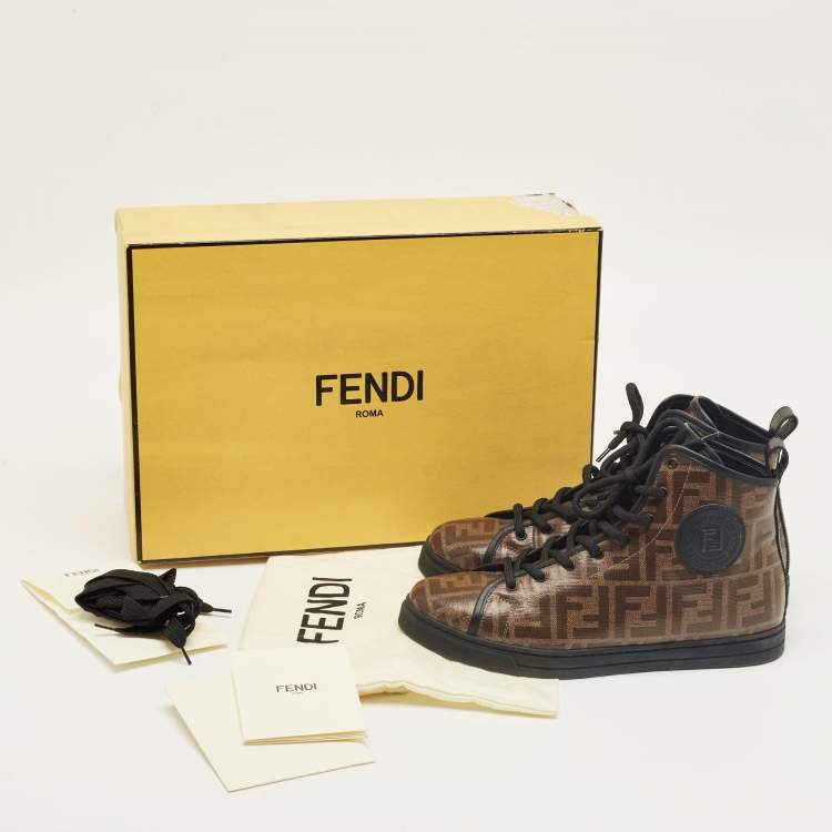 Pre Owned Fendi Brown Zucca Coated Canvas Lace up High Top Sneakers Size 39