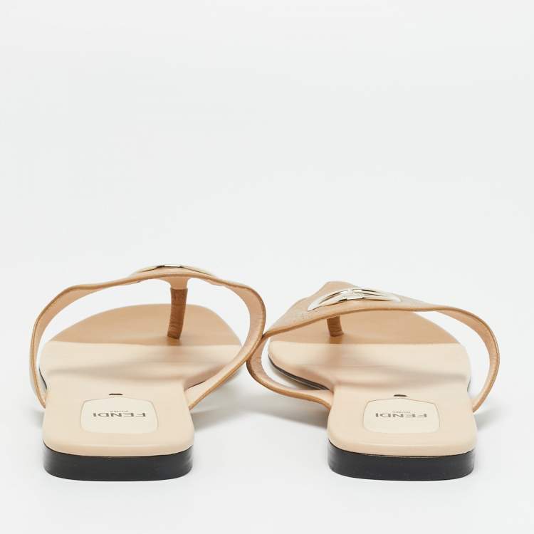 Pre Owned Fendi Brown Leather F Logo Thong Flats Size 38