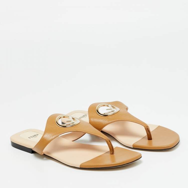 Pre Owned Fendi Brown Leather F Logo Thong Flats Size 38