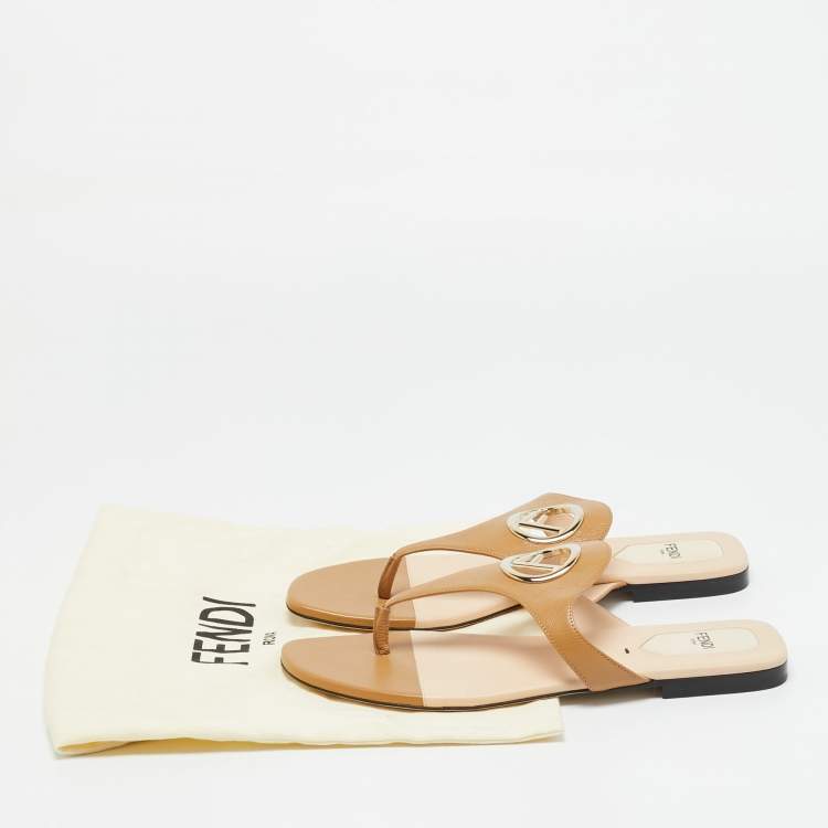 Pre Owned Fendi Brown Leather F Logo Thong Flats Size 38