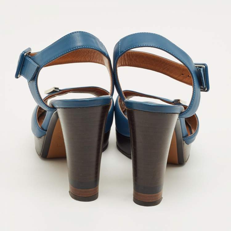 Pre Owned Fendi Blue Leather Peep Toe Platform Ankle Strap Sandals Size 39