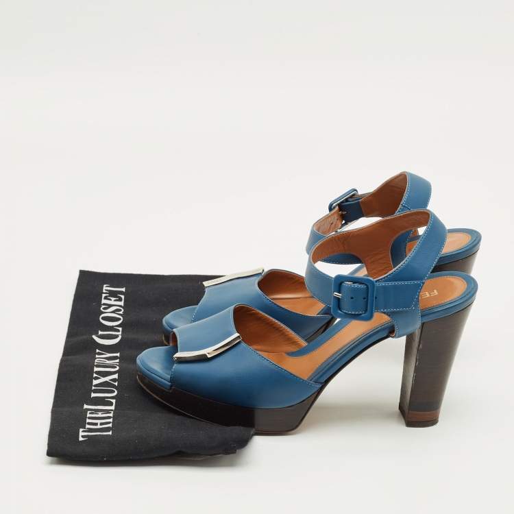 Pre Owned Fendi Blue Leather Peep Toe Platform Ankle Strap Sandals Size 39