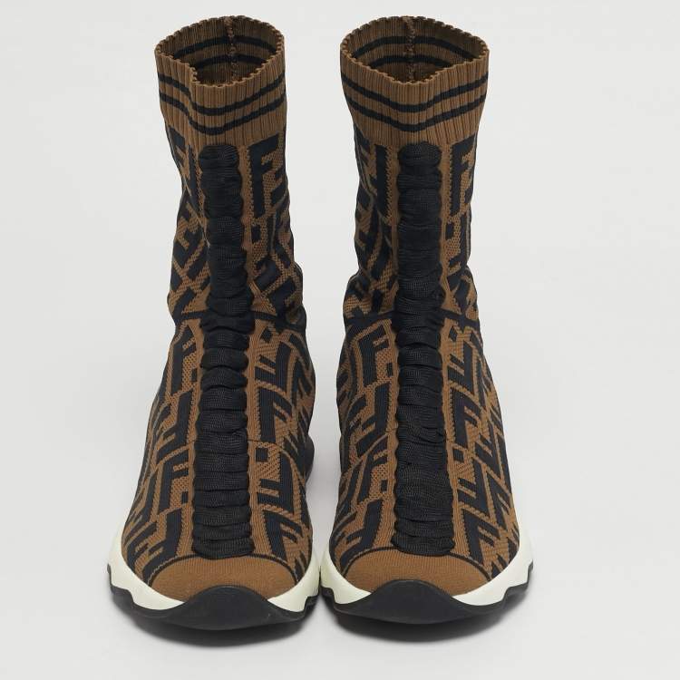 Pre Owned Fendi Brown/Black Zucca Knit Fabric Sock Sneakers Size 38