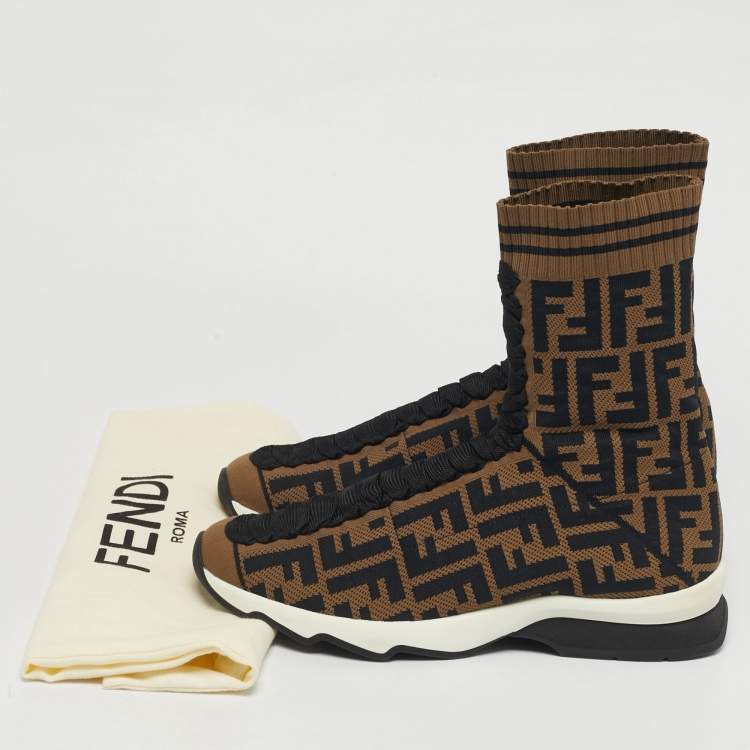 Pre Owned Fendi Brown/Black Zucca Knit Fabric Sock Sneakers Size 38