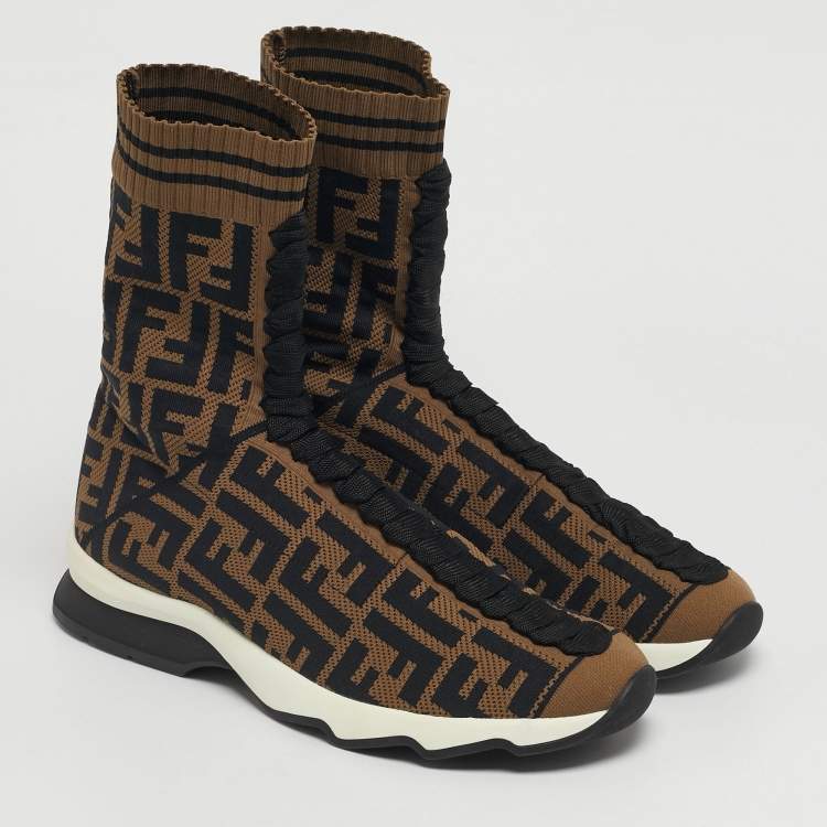 Pre Owned Fendi Brown/Black Zucca Knit Fabric Sock Sneakers Size 38