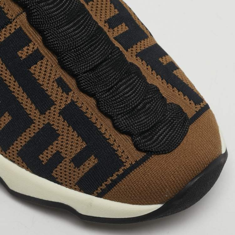 Pre Owned Fendi Brown/Black Zucca Knit Fabric Sock Sneakers Size 38