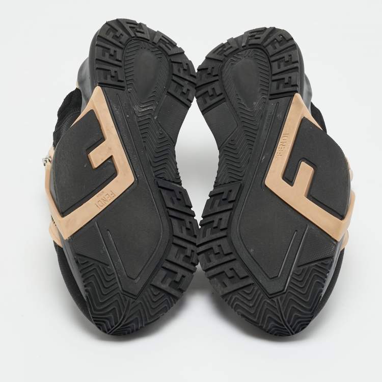 Pre Owned Fendi Black/Beige Mesh and Suede Flow Sneakers Size 38