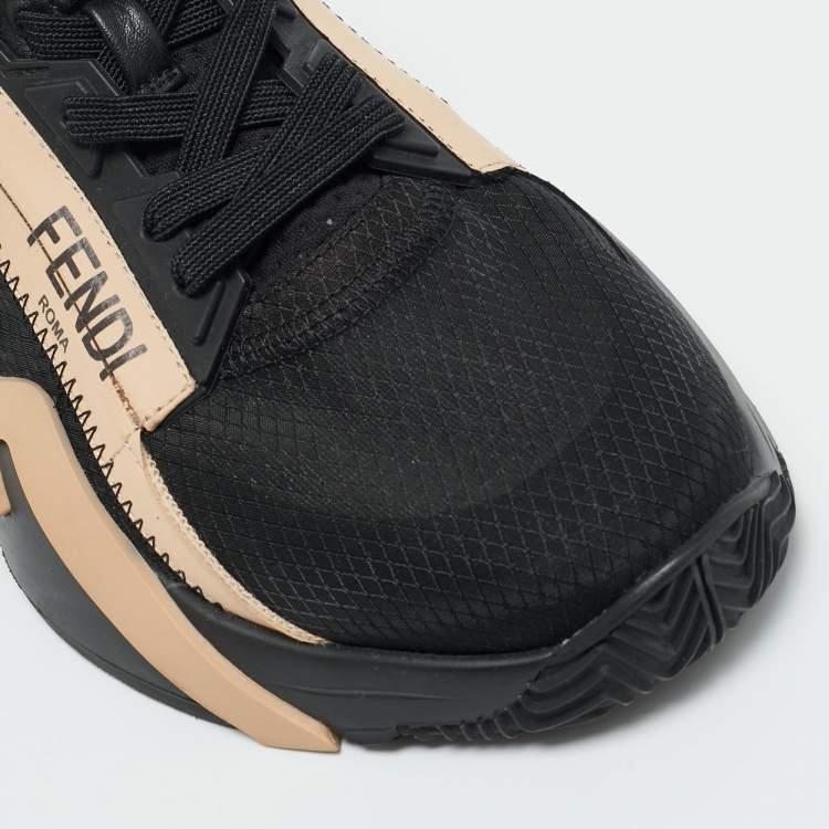 Pre Owned Fendi Black/Beige Mesh and Suede Flow Sneakers Size 38