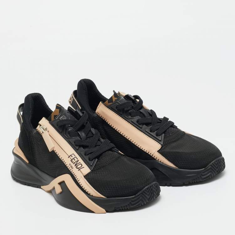 Pre Owned Fendi Black/Beige Mesh and Suede Flow Sneakers Size 38