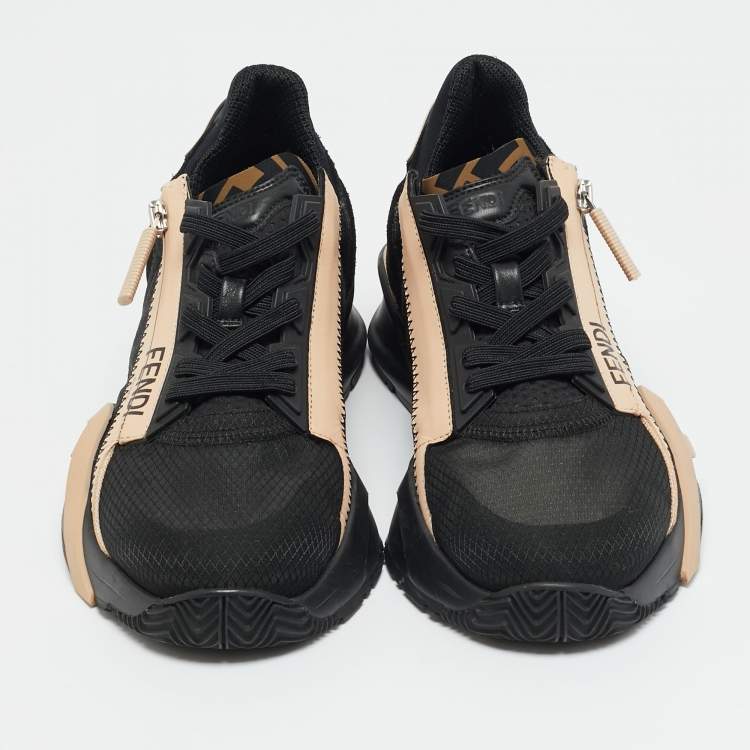 Pre Owned Fendi Black/Beige Mesh and Suede Flow Sneakers Size 38