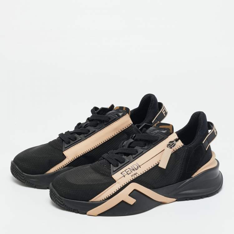 Pre Owned Fendi Black/Beige Mesh and Suede Flow Sneakers Size 38