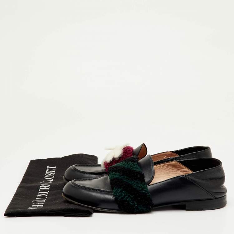 Pre Owned Fendi Multicolor Leather and Shearling Fur Flower Slip On Loafers Size 40