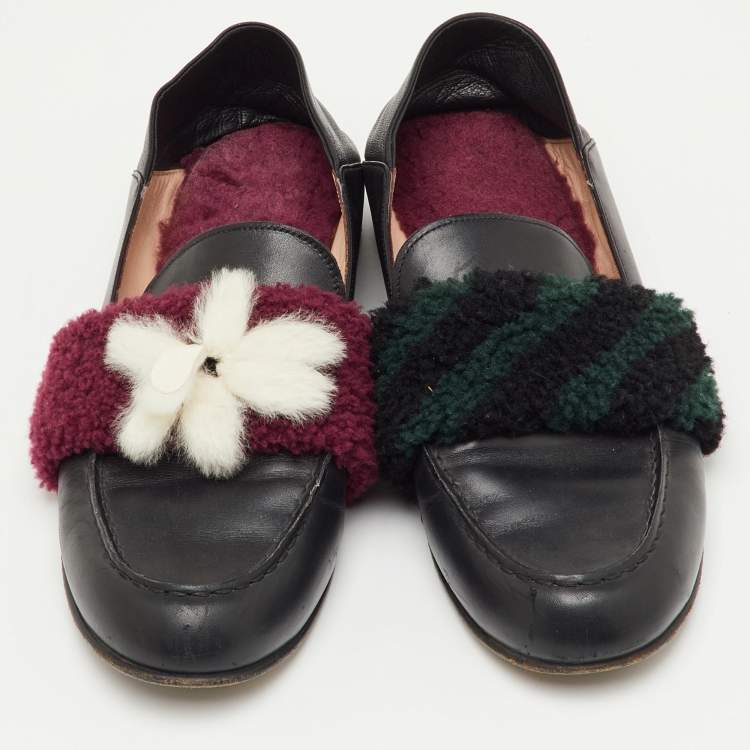 Pre Owned Fendi Multicolor Leather and Shearling Fur Flower Slip On Loafers Size 40