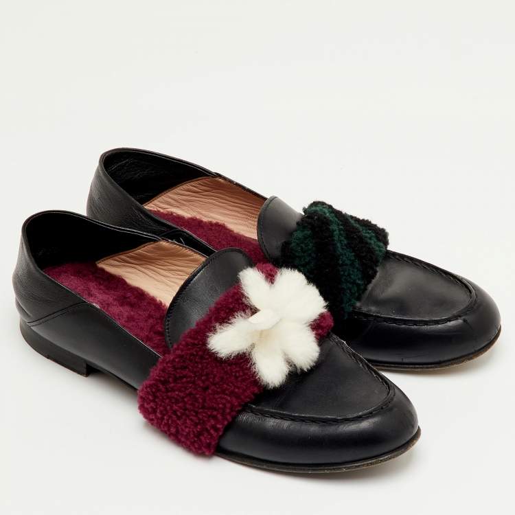 Pre Owned Fendi Multicolor Leather and Shearling Fur Flower Slip On Loafers Size 40