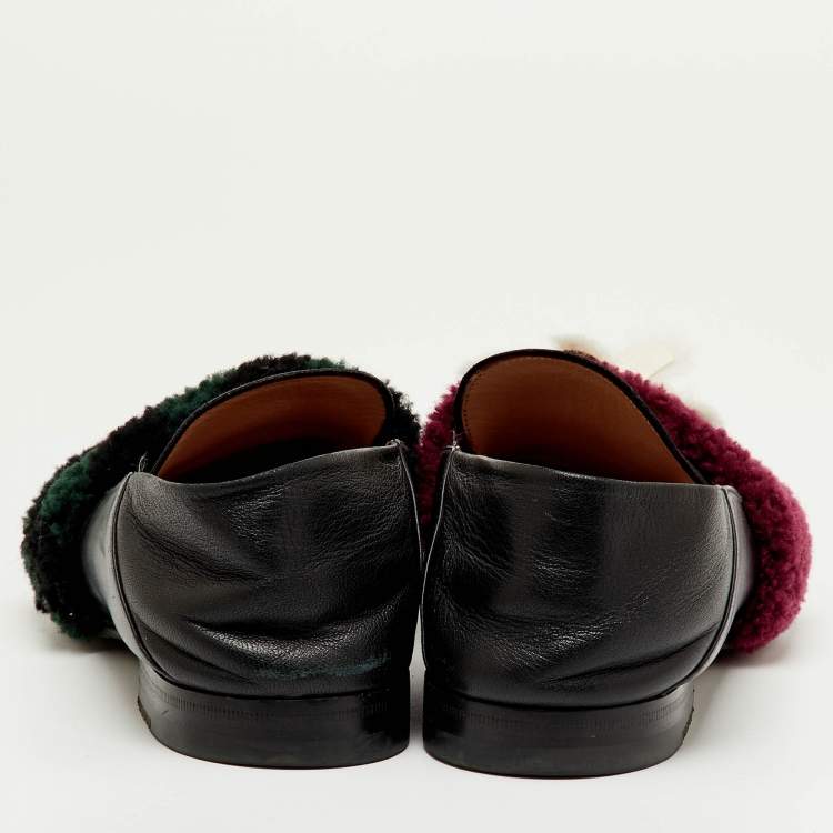 Pre Owned Fendi Multicolor Leather and Shearling Fur Flower Slip On Loafers Size 40