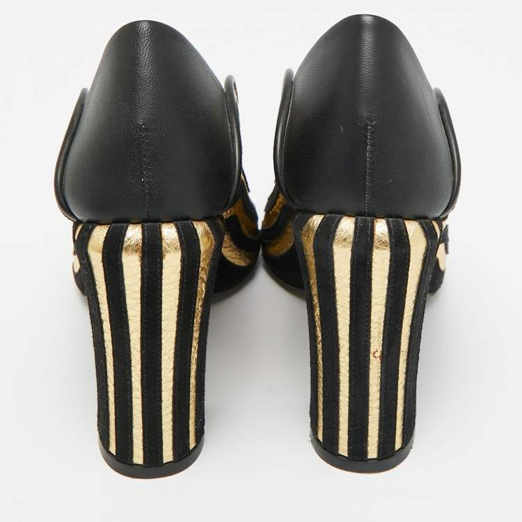 مملوكة مسبقًا Fendi Black/Gold Leather and Suede Block Heel Pumps Size 35.5