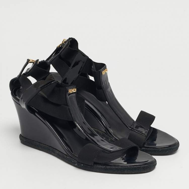 Pre Owned Fendi Size 41 Black Elastic and Patent Leather Espadrille Wedge Sandals