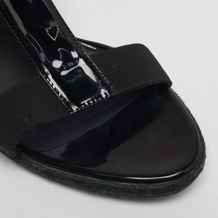 Pre Owned Fendi Size 41 Black Elastic and Patent Leather Espadrille Wedge Sandals