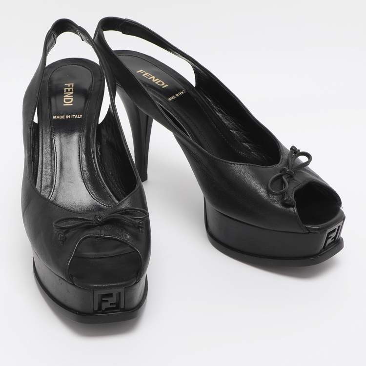 Pre Owned Fendi Fendista Bow Size 39 Black Leather Slingback Platform Pumps