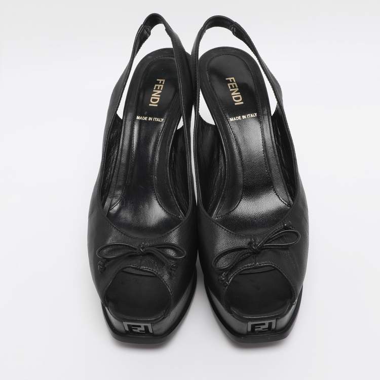 Pre Owned Fendi Fendista Bow Size 39 Black Leather Slingback Platform Pumps