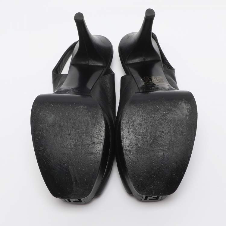 Pre Owned Fendi Fendista Bow Size 39 Black Leather Slingback Platform Pumps