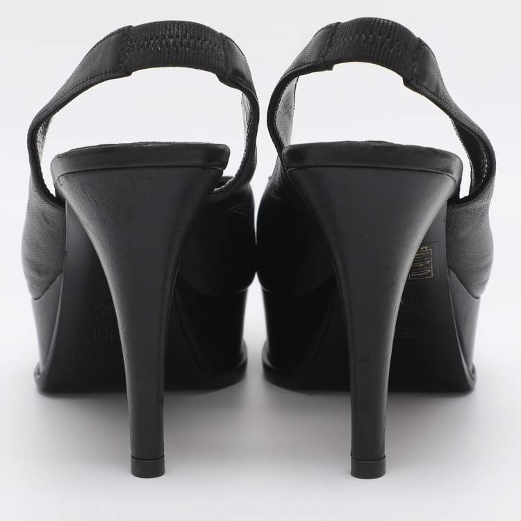 Pre Owned Fendi Fendista Bow Size 39 Black Leather Slingback Platform Pumps