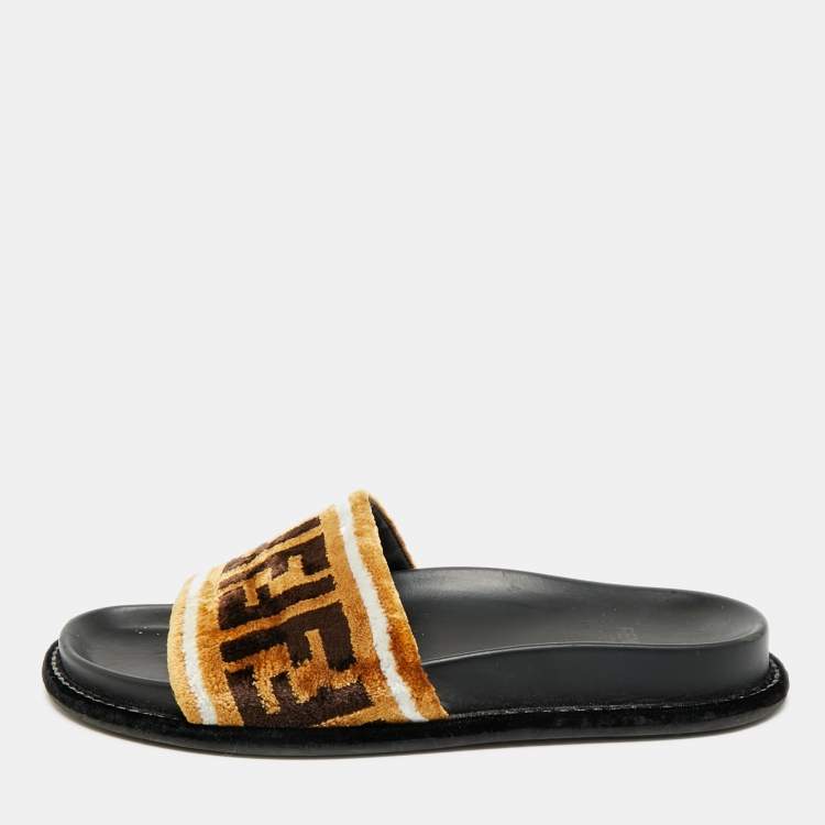 Pre Owned Fendi Size 36 Brown FF Velvet Monogram Flat Slides 