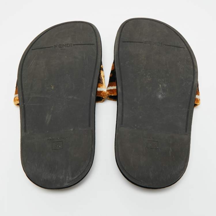 Pre Owned Fendi Size 36 Brown FF Velvet Monogram Flat Slides 