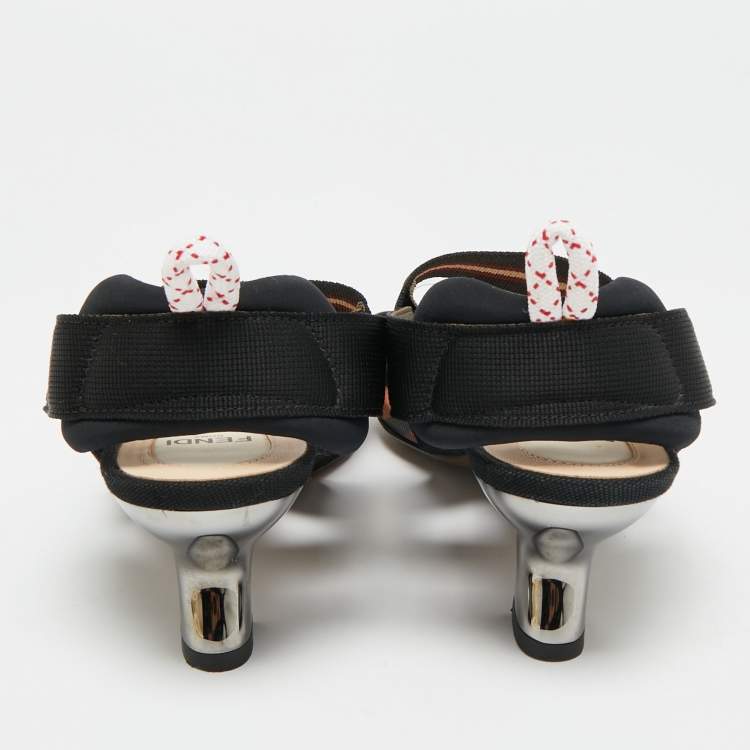 مملوكة مسبقًا Fendi Colibri Size 37 Black/Brown Canvas, Mesh and Rubber Slingback Pumps