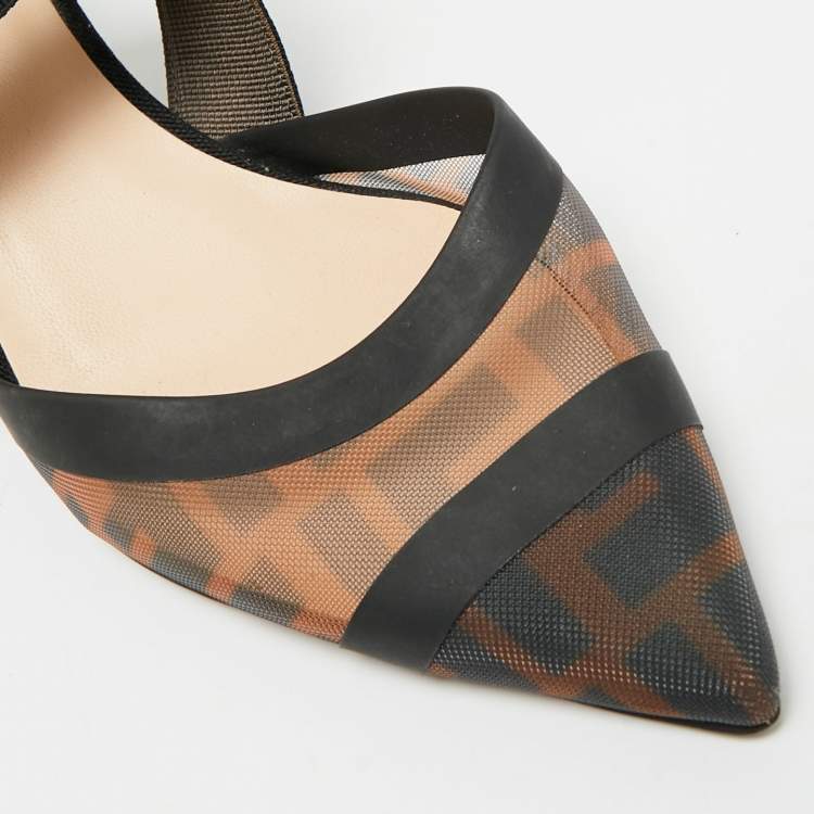 مملوكة مسبقًا Fendi Colibri Size 37 Black/Brown Canvas, Mesh and Rubber Slingback Pumps