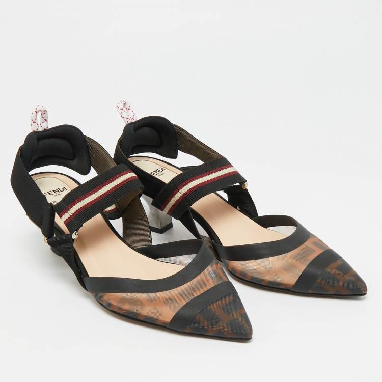 مملوكة مسبقًا Fendi Colibri Size 37 Black/Brown Canvas, Mesh and Rubber Slingback Pumps