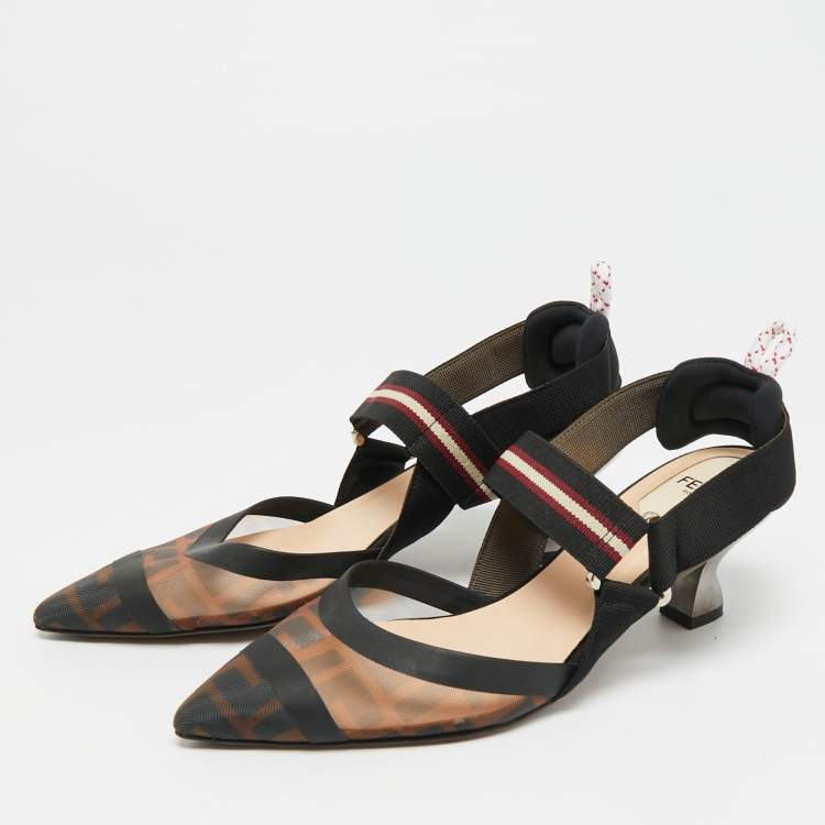 مملوكة مسبقًا Fendi Colibri Size 37 Black/Brown Canvas, Mesh and Rubber Slingback Pumps
