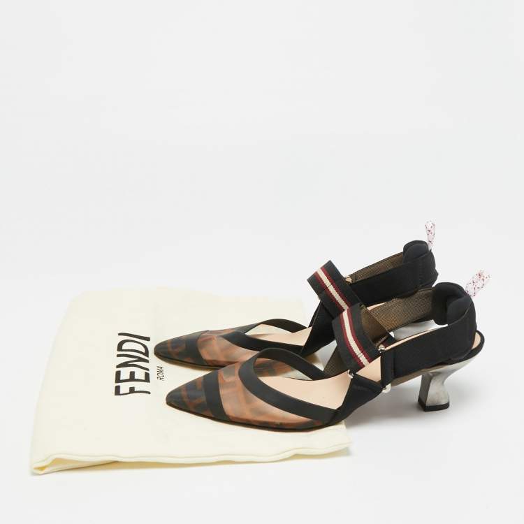 مملوكة مسبقًا Fendi Colibri Size 37 Black/Brown Canvas, Mesh and Rubber Slingback Pumps