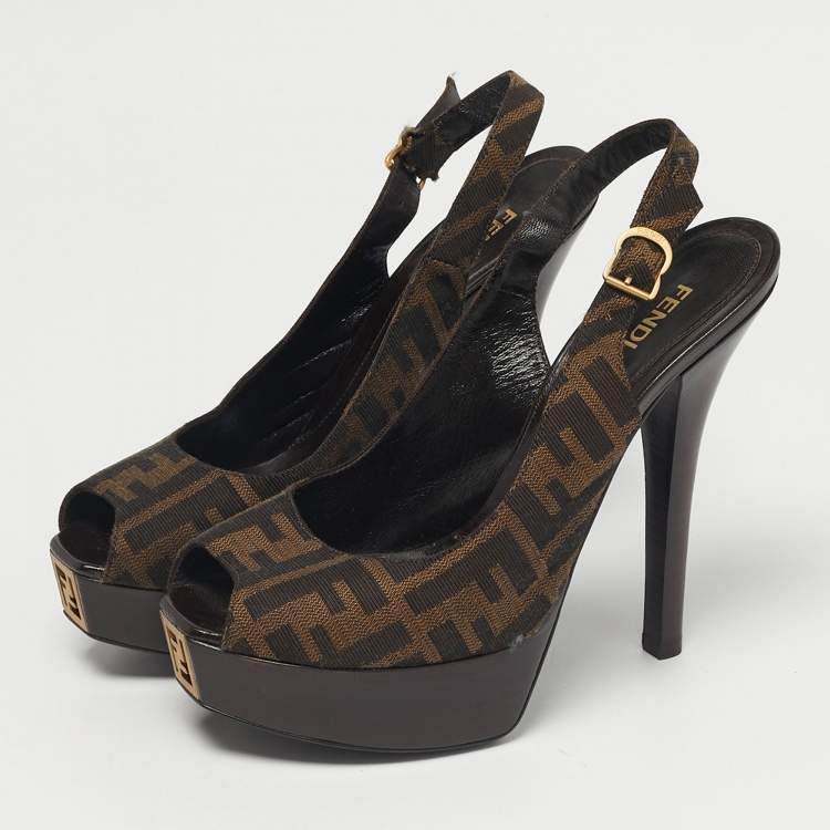 Pre Owned Fendi Fendista Size 39 Tobacco Zucca Canvas Platform Slingback Sandals