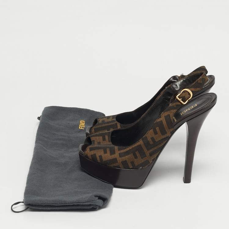 Pre Owned Fendi Fendista Size 39 Tobacco Zucca Canvas Platform Slingback Sandals