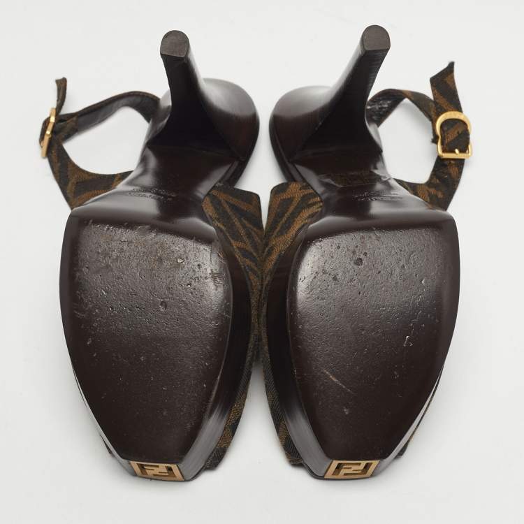 Pre Owned Fendi Fendista Size 39 Tobacco Zucca Canvas Platform Slingback Sandals