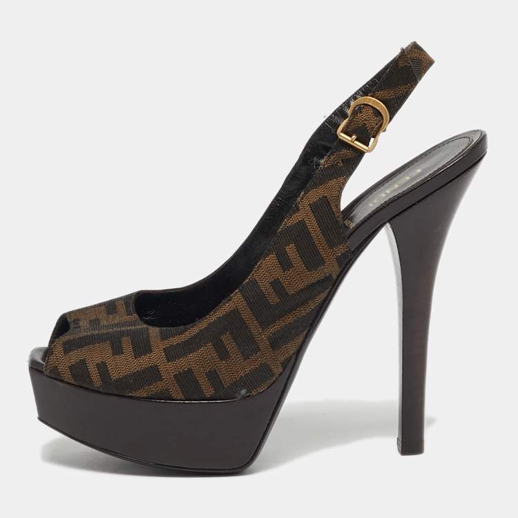 Pre Owned Fendi Fendista Size 39 Tobacco Zucca Canvas Platform Slingback Sandals