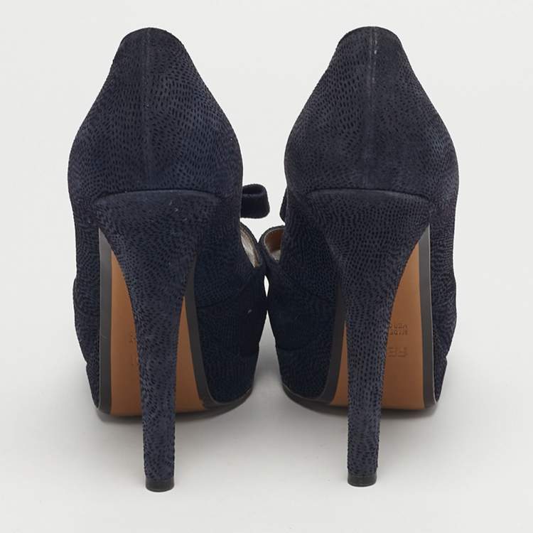 مملوكة مسبقًا Fendi Size 41 Navy Blue Suede Bow Peep Toe Platform Pumps