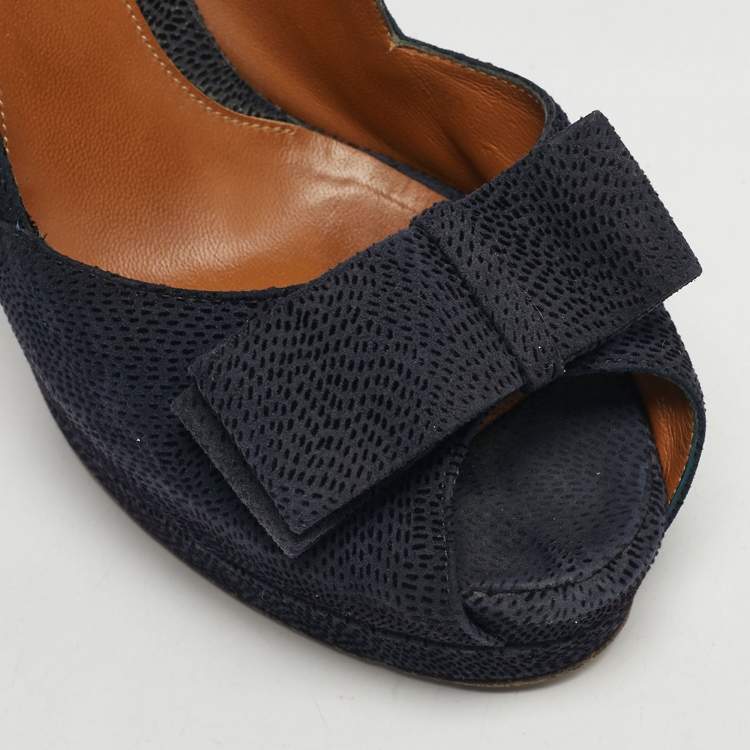 مملوكة مسبقًا Fendi Size 41 Navy Blue Suede Bow Peep Toe Platform Pumps
