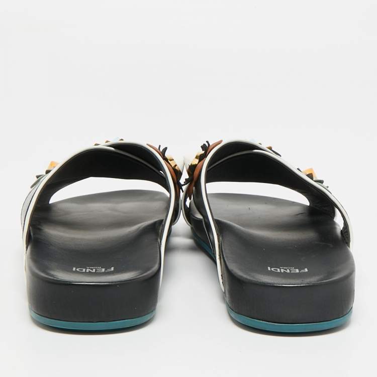 مملوكة مسبقًا Fendi Flowerland Size 41 Black/White Leather Criss Cross Slide Sandals