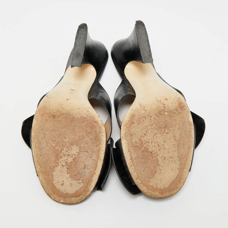 مملوكة مسبقًا Fendi FF Karligraphy Size 39 Black Leather Bow Slide Sandals